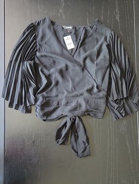 Express Black Pleated-Sleeve Wrap Tie-Back Blouse